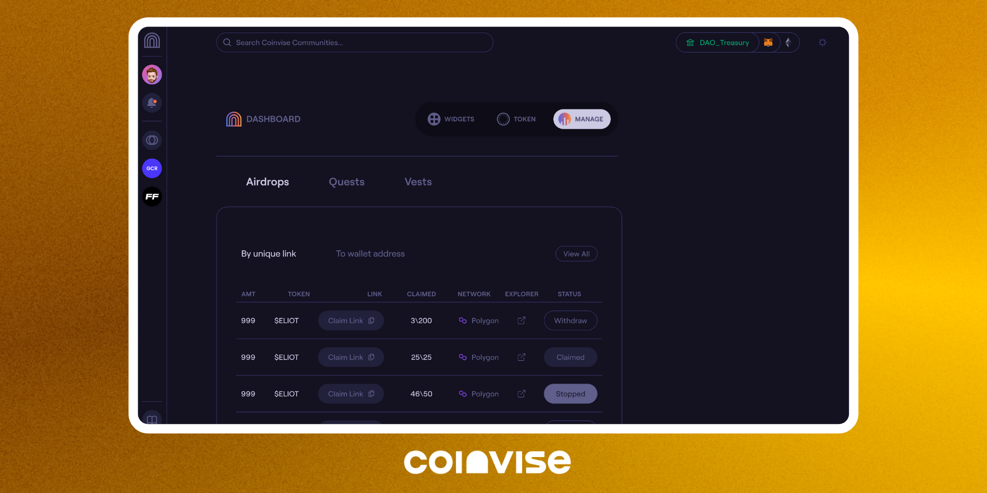 Coinvise's Dashboard - Manage Tab